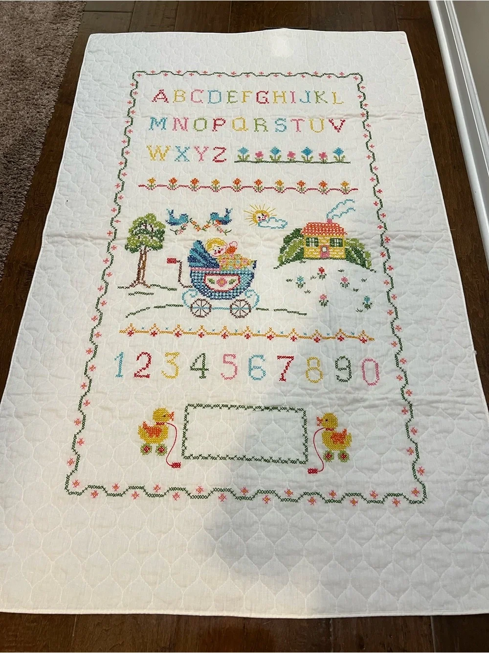 Hand-Embroidered Alphabet Sampler Quilt - Pastel & Primary Floral Motifs
